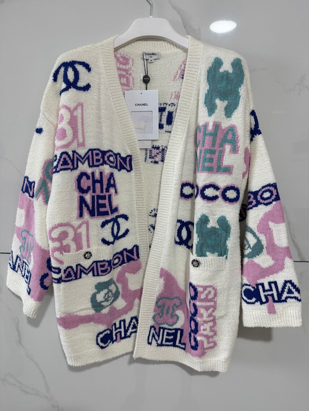 Chanel Cream Logo Graphic Knit Cardigan